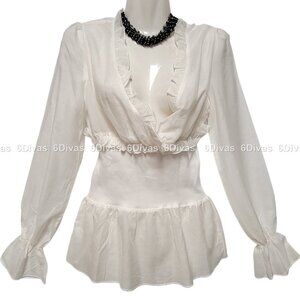 𝅺WHITE Cotton Silk Light Frilly Long Sleeve Top  VARIOUS SIZES S  M  L